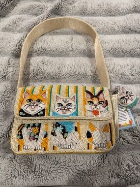 Viral TikTok Beaded Purse Cat Panel Shoulder Bag Cream with Multicolor Cat Faces